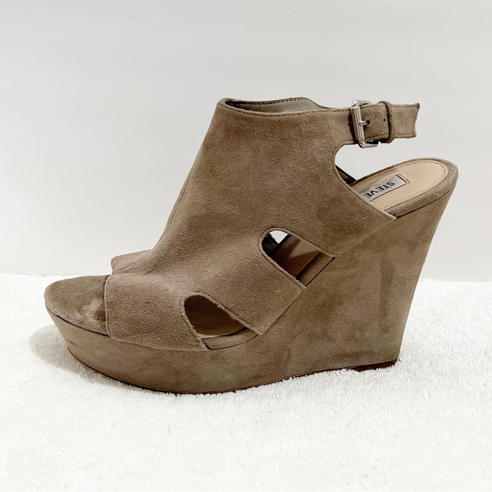 [Steve Madden] Tan Suede Wedge Sandals Open Toe Ankle Strap Size 7